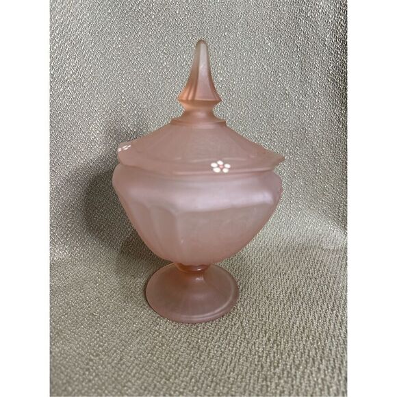 Vintage Anchor Hocking Mayfair Pink Frosted Depression Candy Dish & Lid Floral - Picture 1 of 11